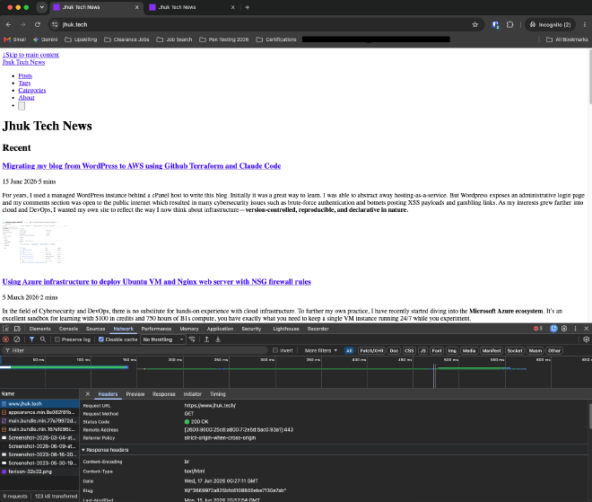 www.jhuk.tech rendering as unstyled HTML, with the browser dev tools showing the blocked cross-origin asset requests