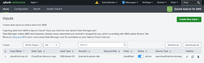Splunk Add-on for AWS Inputs page showing the active cloudfront-sqs-s3 SQS-Based S3 input writing to index=cloudfront with the aws:cloudfront:accesslogs source type